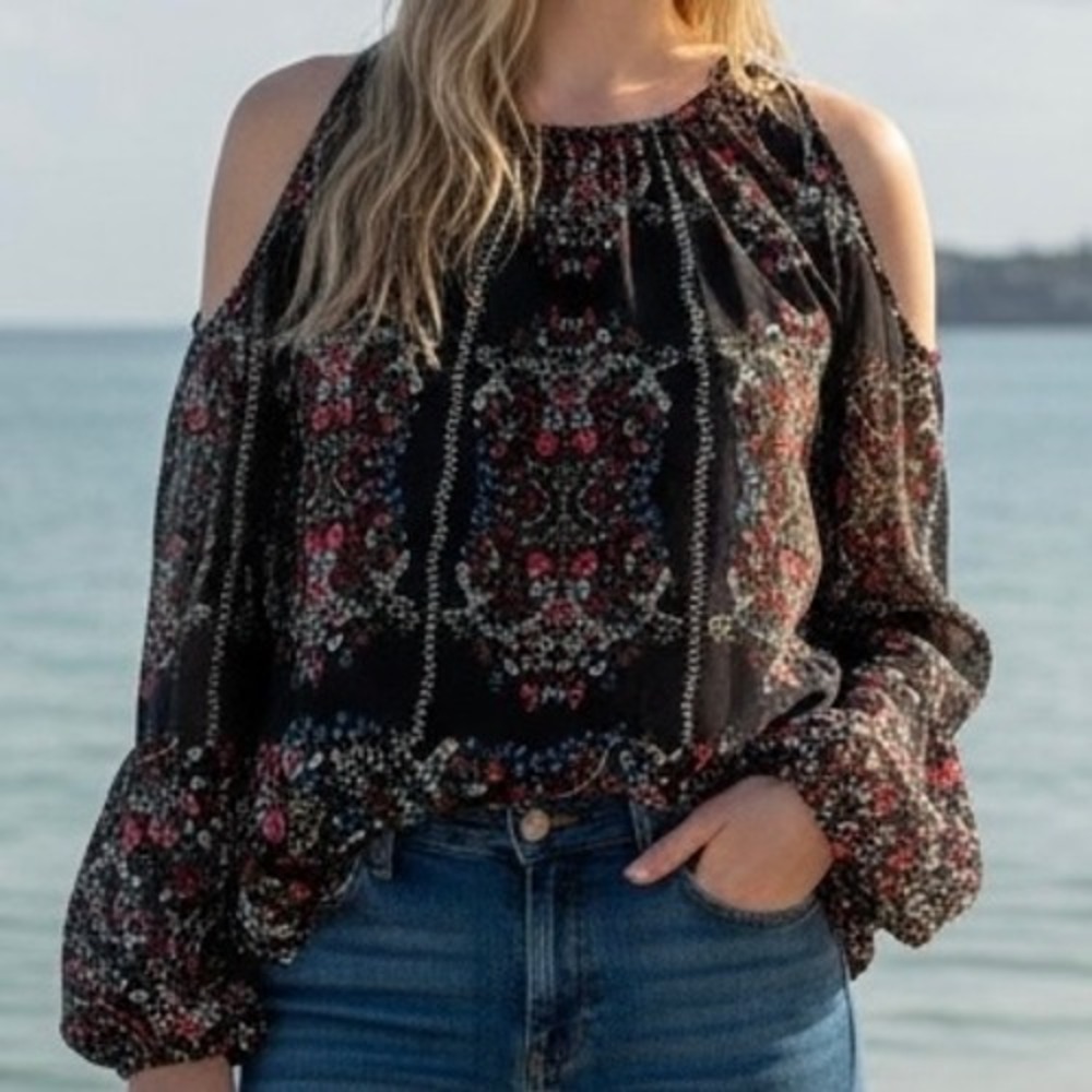 Black Floral Cold Shoulder Long Sleeve Blouse‎ Bailey Blue Womens XL Boho Spring